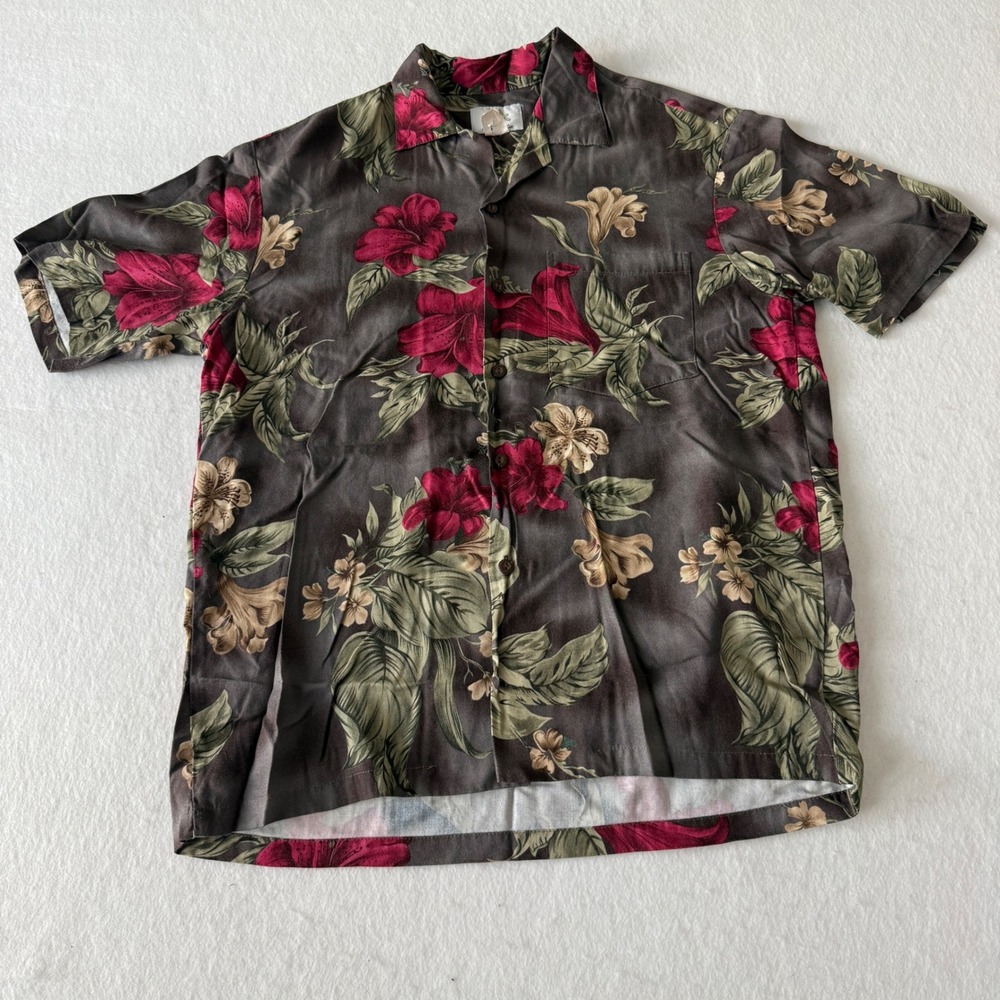 Ho Aloha Hawaiian Shirt Men Medium Gray Floral Rayon Made in Hawaii 90s